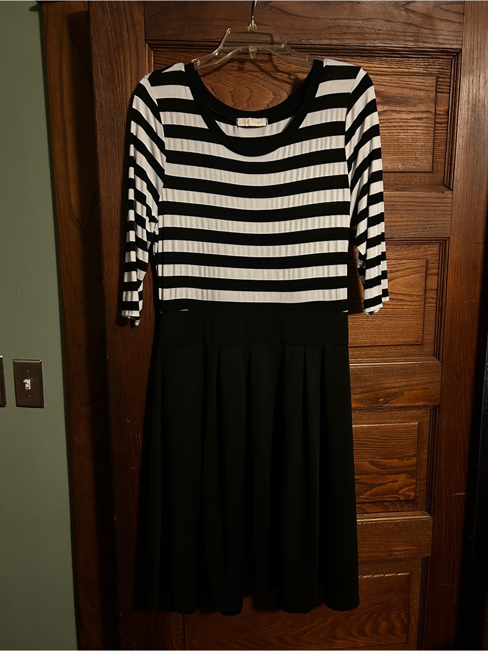 Striped 3/4 Sleeve Black and White Midi Dress with Flared Skater Skirt